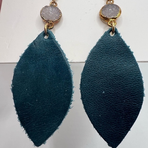 Love , Poppy Teal Green Leather Teardrop with Druzy Stone Earrings NEW - Picture 11 of 13